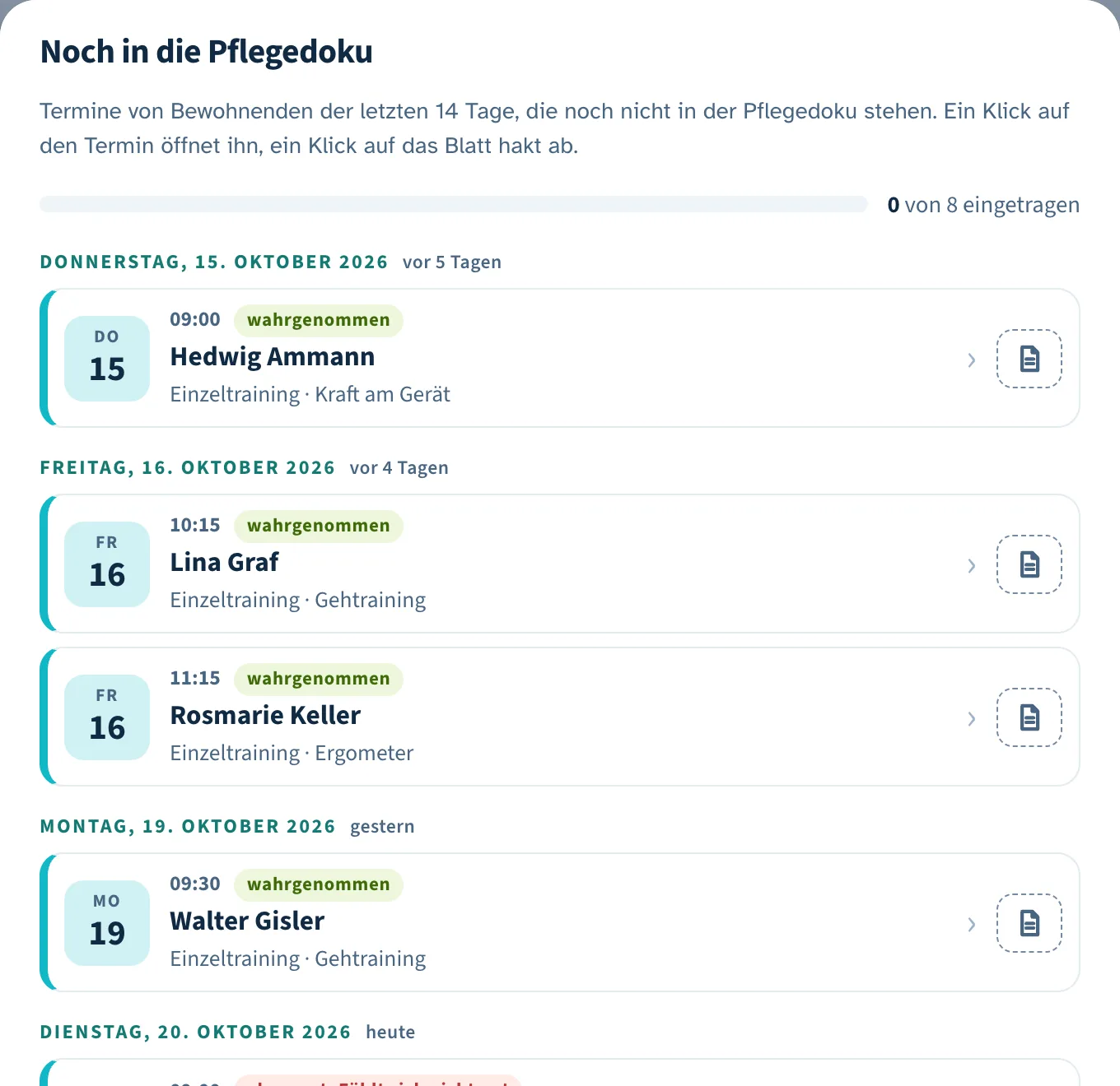 Liste «Noch in die Pflegedoku» im «Musterheim (Demo)»: Trainings erfundener Bewohnender, nach Tag geordnet, jedes mit einem Blatt zum Abhaken.