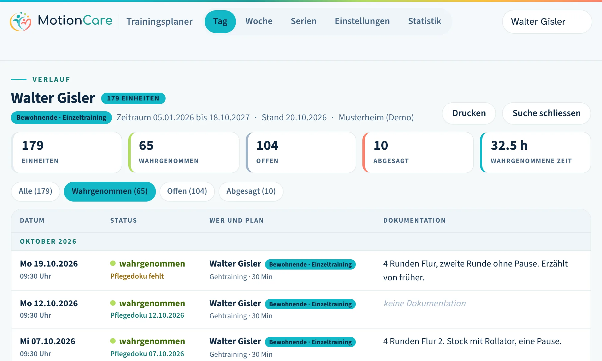 Verlauf einer erfundenen Person im «Musterheim (Demo)»: Einheiten mit Datum, Status, Pflegedoku-Haken, Plan und Dokumentation, darüber die Summen.